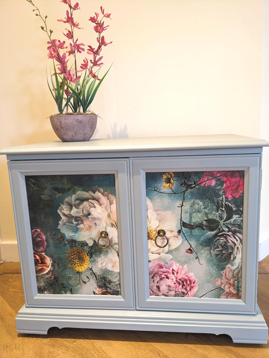 Adelina decoupage on blue side table