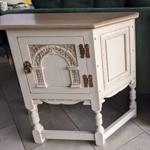 Old Charm cabinet upcycled with Fusion paint and sanded wooden top and gold highlighting details