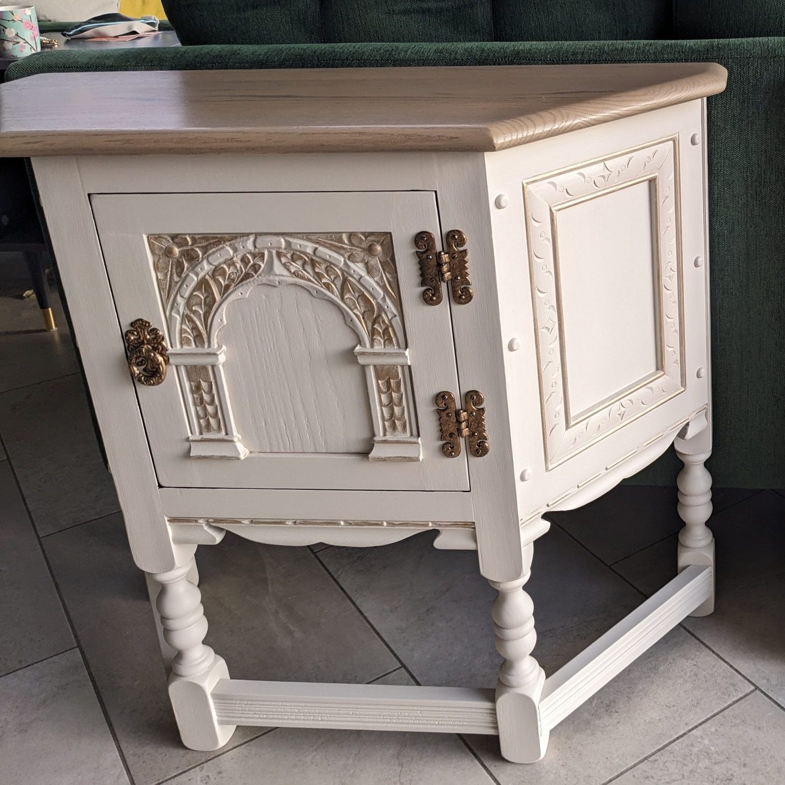 Old Charm cabinet upcycled with Fusion paint and sanded wooden top and gold highlighting details