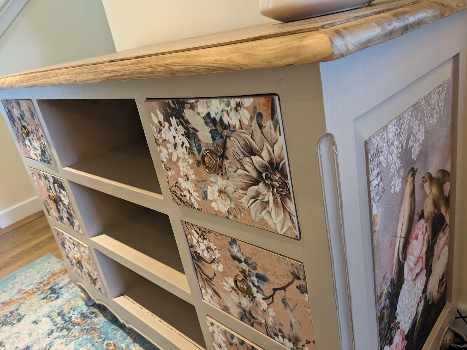 sideboard upcycled with Romance Decoupage and cathedral taupe paint
