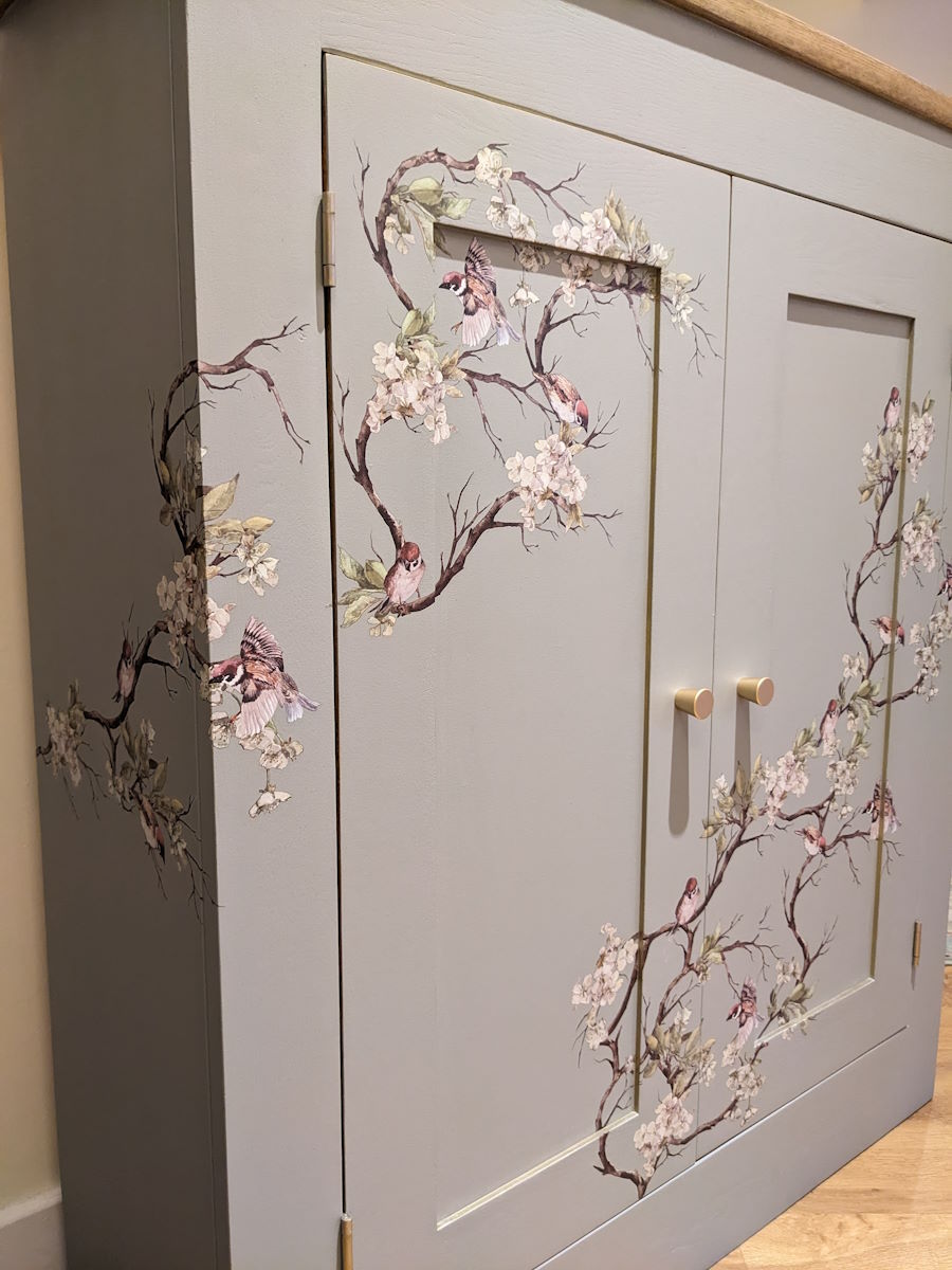 grey cabinet with Redesign Prima blossom transfer2