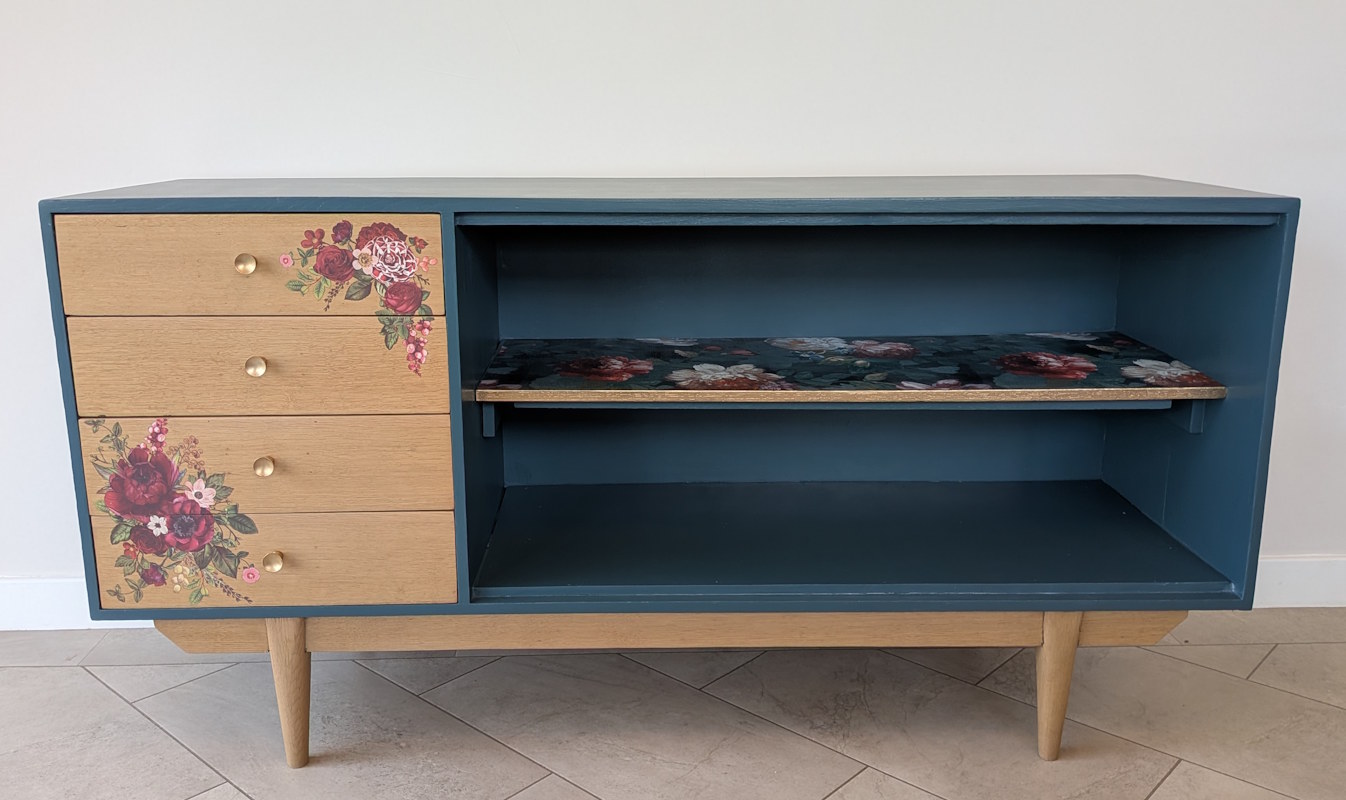 Mid century modern style teal sideboard with oak drawers