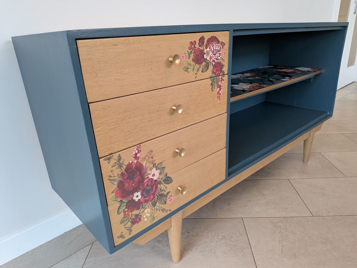 Mid century modern style teal sideboard with oak drawers